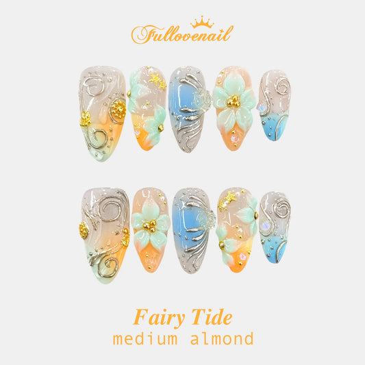 Fairy Tide handmade press-on nails — medium almond set in blue and 3D seashell | Fullovenail