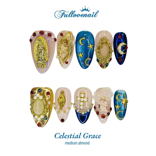 Celestial Grace handmade press-on nails — medium almond set in aurora lilac and celestial charms | Fullovenail