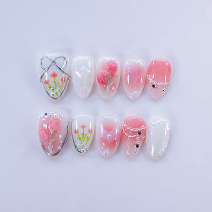 Fairy Love Story handmade press-on nails — short almond set in iridescent pearl and handcrafted art detailing | Fullovenail