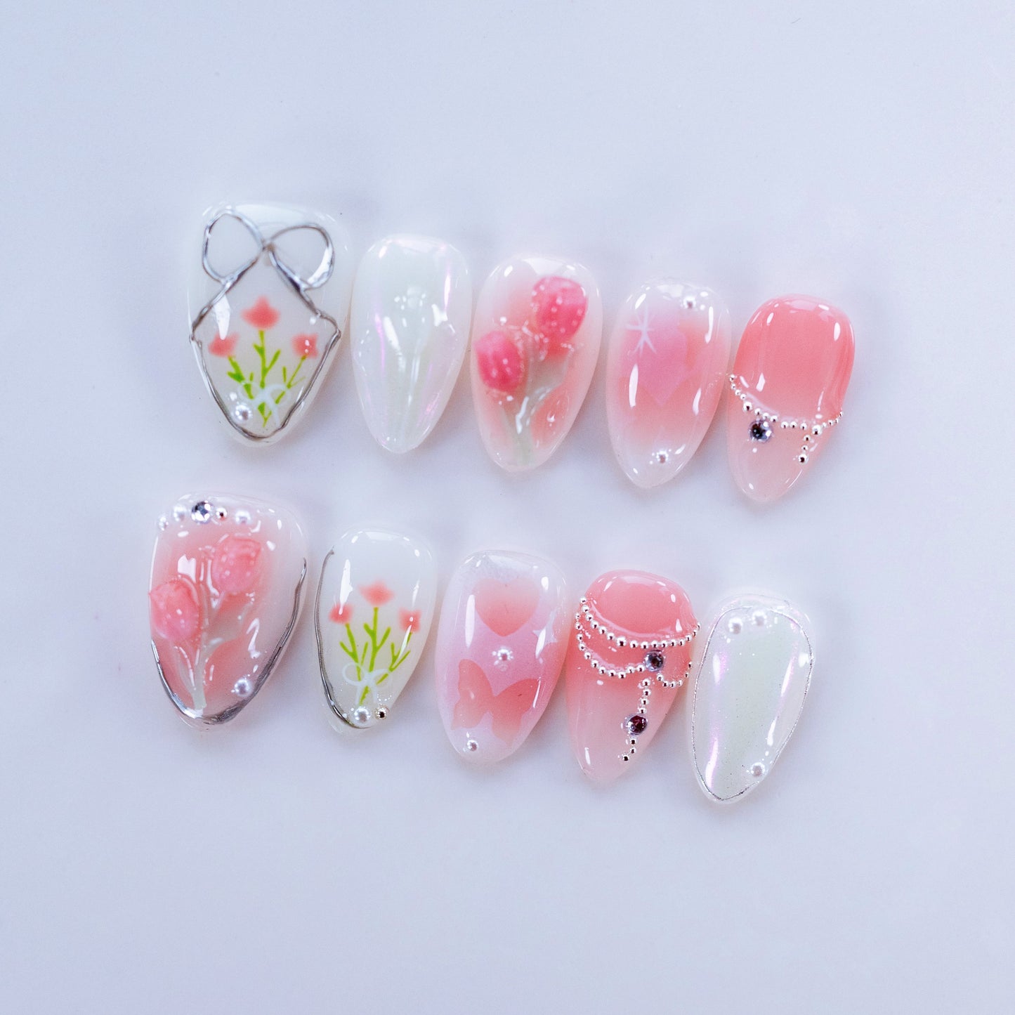 Fairycore iridescent pearl press-on nails flat lay | Fairycore nail inspo