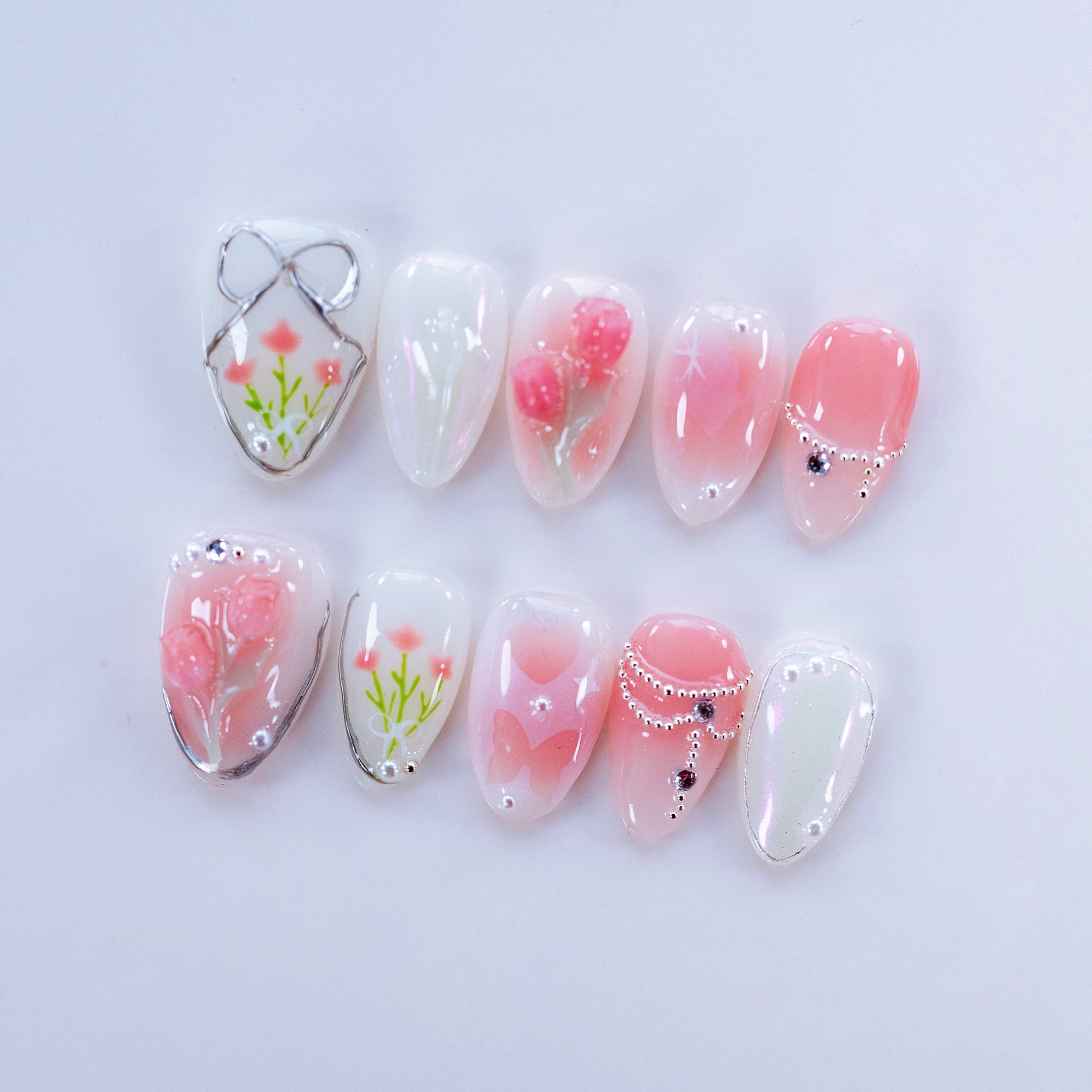 Fairycore iridescent pearl press-on nails flat lay | Fairycore nail inspo