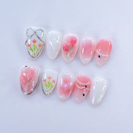Fairycore iridescent pearl press-on nails flat lay | Fairycore nail inspo