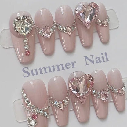 NO.43 Coffin Pink French Tip Big Heart Diamond Nail