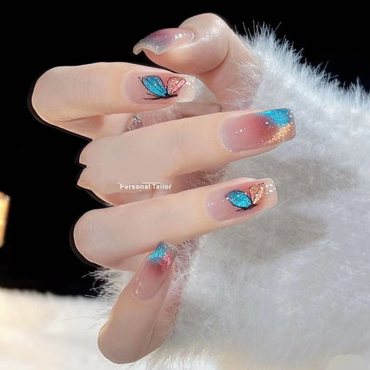 Short Coffin Cat eye Hand painting Colorful Butterfly Nail