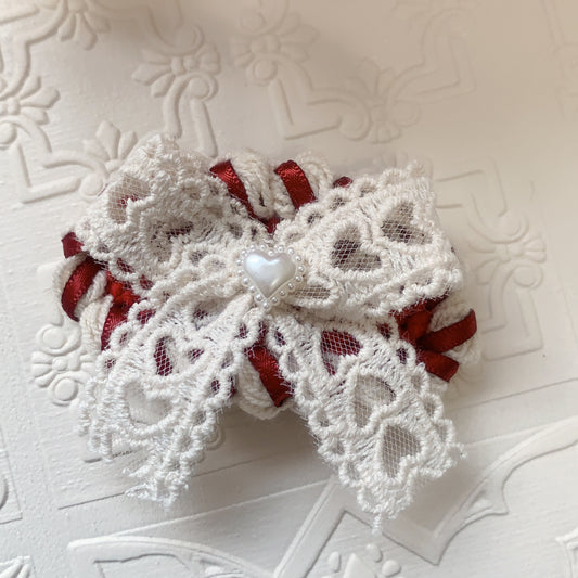 Red White Silk Ribbon Lace Bowknot hair clip